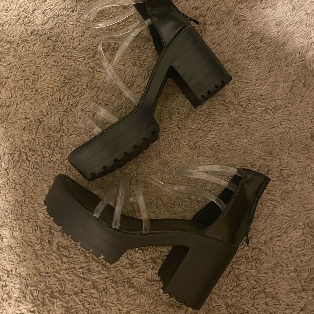Clear strappy sandals- black platform